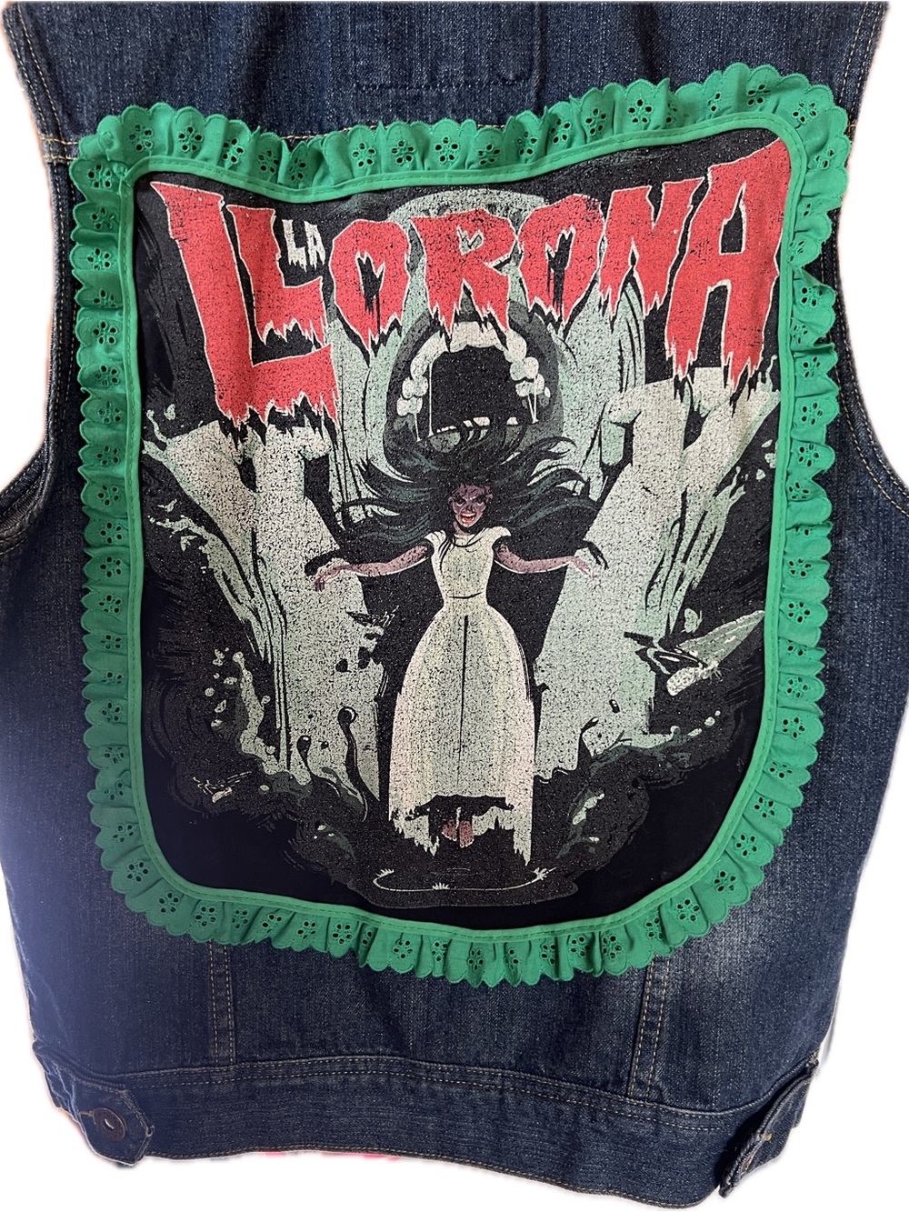 Women’s Dark Blue Denim Vest with Green Trim and La Llorona Patch